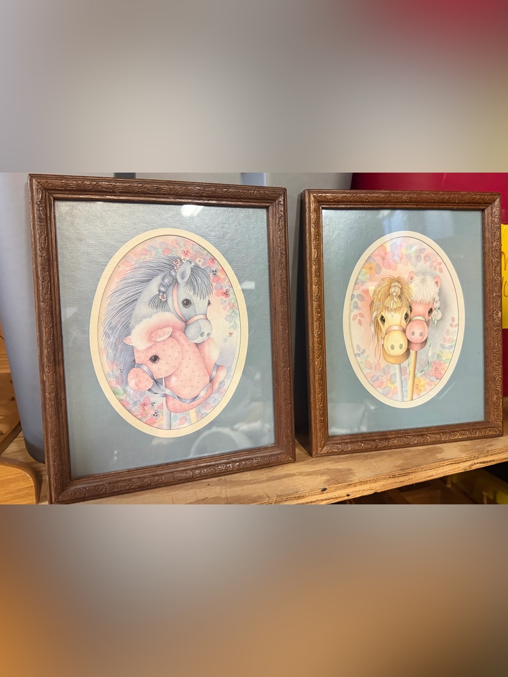 Set of 2 Framed vintage Nursery horse Prints - Pink & Blue